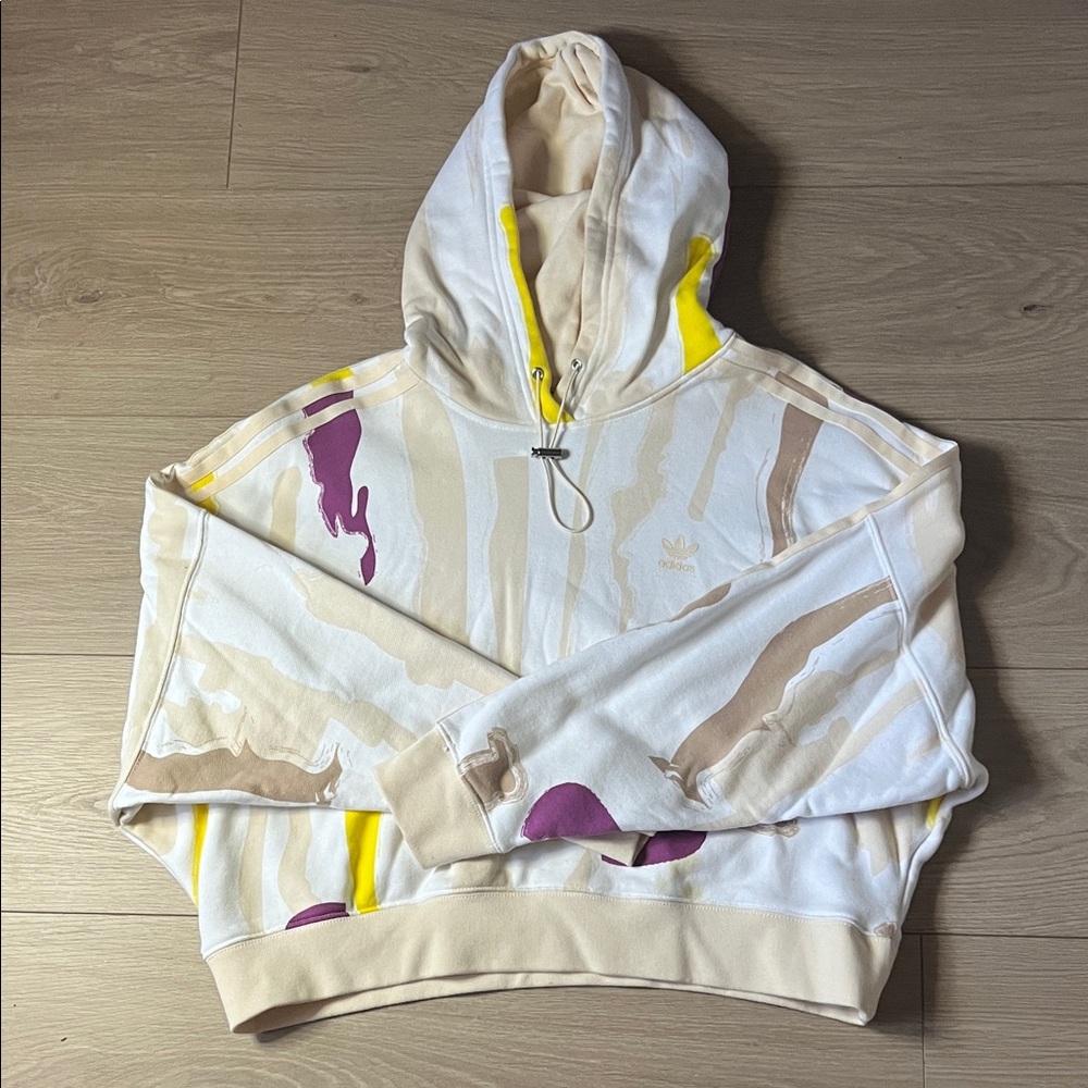 Adidas cropped Cream and Yellow Hoodie with Purple Accents.